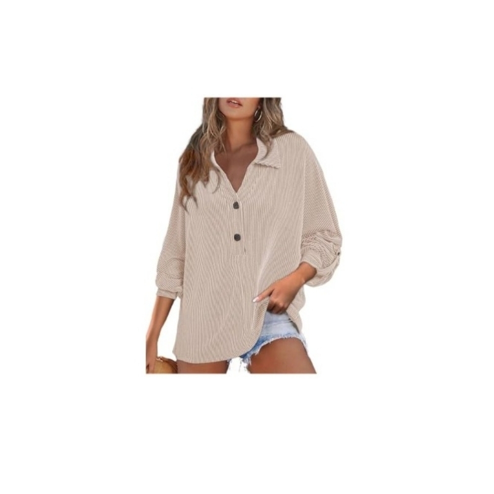 Astylish Women's Cream Button-Up Top Roll Tab Sleeve Batwing Ribbed NWOT XL